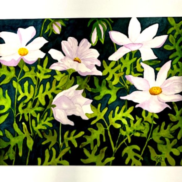 PAINTING WATERCOLOR ORIGINAL ART COSMOS FLOWERS LAVENDER PURPLE 11X14 MAT 16X20